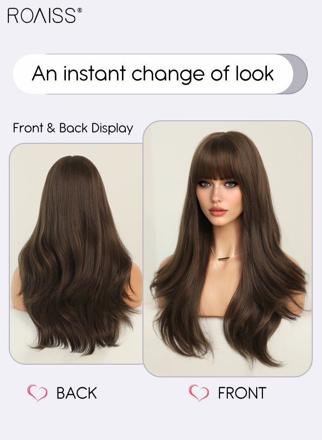 roaiss Long Curly Hair Wig with Bangs for Women, Natural Soft Synthetic Heat Resistant Hair Natural Looking Wig for Wedding Cosplay Party Daily Wear, Cool Brown, 60cm (24 inches) - Image 3